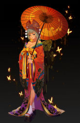 Rule 34 | 1girl, absurdres, bare shoulders, bathory (destiny child), bow, breasts, bug, butterfly, cleavage, collarbone, destiny child, hair ornament, highres, bug, japanese clothes, kimono, large breasts, looking at viewer, oiran, platform clogs, ray (nagaseray), simple background, socks, tagme, umbrella