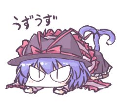 Rule 34 | 1girl, aokukou, black hat, bow, cat girl, cat tail, commentary request, frilled shawl, frills, full body, hat, hat bow, lowres, lying, nagae iku, on stomach, purple hair, red bow, shawl, short hair, simple background, solo, tail, touhou, translation request, v-shaped eyebrows, white background