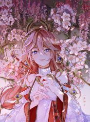 Rule 34 | 1girl, animal ears, blouse, cherry blossoms, commentary, detached sleeves, earrings, flower, fox ears, genshin impact, highres, japanese clothes, jewelry, kimono, lansecha, long hair, low-tied long hair, miko, nontraditional miko, pink flower, pink hair, priestess, purple eyes, shirt, solo, vision (genshin impact), white shirt, wide sleeves, yae miko