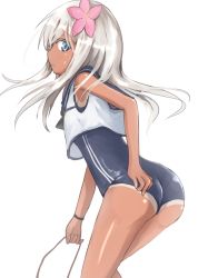 Rule 34 | 10s, 1girl, adjusting clothes, adjusting swimsuit, ass, baram, blue eyes, bracelet, crop top, double vertical stripe, holding, jewelry, kantai collection, long hair, one-piece swimsuit, one-piece tan, ro-500 (kancolle), school swimsuit, school uniform, serafuku, simple background, solo, sweatdrop, swimsuit, tan, tanline, wedgie, white background, white hair