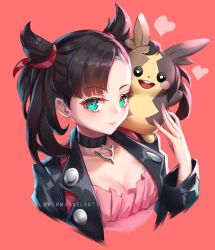 1girl asymmetrical_bangs black_choker black_hair black_jacket breasts choker cleavage closed_mouth creatures_(company) cropped_torso dress enma_(enmanuelart) game_freak gen_8_pokemon green_eyes hair_ribbon heart highres jacket looking_at_viewer marnie_(pokemon) morpeko morpeko_(full) nintendo on_shoulder pink_background pink_dress pink_nails pokemon pokemon_(creature) pokemon_on_shoulder pokemon_swsh ribbon simple_background small_breasts smile twintails undercut upper_body