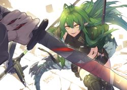 Rule 34 | 1girl, :d, antenna hair, arknights, black footwear, black shirt, black shorts, boots, crocodilian tail, dated, gavial (arknights), gavial (combat medic) (arknights), glowing, glowing eyes, green hair, green jacket, hair between eyes, highres, holding, holding sword, holding weapon, jacket, left-handed, long hair, looking at viewer, material growth, midriff, official alternate costume, open clothes, open jacket, open mouth, oripathy lesion (arknights), pointy ears, pouch, pov, red eyes, reflection, shirt, short shorts, shorts, simple background, smile, solo focus, sword, tail, thigh boots, thighhighs, v-shaped eyebrows, weapon, white background, yellow eyes, yumero