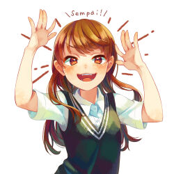 Rule 34 | 1girl, arms up, black sweater vest, blush, brown hair, buttons, collared shirt, happy, highres, kishii mika, long hair, looking at viewer, romaji text, shifumame, shirt, short sleeves, simple background, solo, sweater vest, twilight syndrome, upper body, white background, white shirt