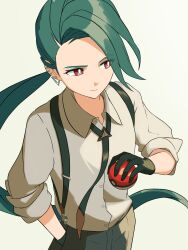 Rule 34 | 1girl, asymmetrical bangs, black gloves, black necktie, black pants, bright pupils, collared shirt, creatures (company), ear piercing, earrings, flat chest, game freak, gloves, green hair, grey shirt, highres, holding, holding poke ball, jewelry, long hair, mikan (mikan no happa), necktie, nintendo, pants, piercing, poke ball, poke ball (basic), pokemon, pokemon sv, ponytail, red eyes, reverse trap, rika (pokemon), shirt, sleeves past elbows, solo, suspenders, triangle earrings, white pupils