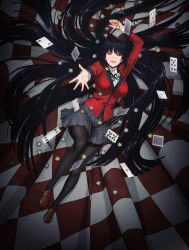 Rule 34 | 10s, 1girl, black hair, black pantyhose, black ribbon, card, poker chip, formal, highres, hime cut, jabami yumeko, kakegurui, loafers, long hair, looking at viewer, lying, nail polish, neck ribbon, official art, on back, pantyhose, pleated skirt, poker chip, red eyes, red nails, red suit, ribbon, school uniform, shoes, skirt, solo, suit, thighhighs, very long hair