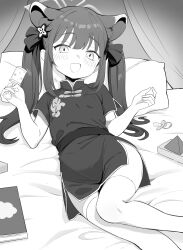 Rule 34 | 1girl, absurdres, animal ears, blue archive, blush, china dress, chinese clothes, dress, feet out of frame, flat chest, greyscale, hair ornament, halo, highres, holding, holding rattle, long hair, looking at viewer, lying, monochrome, on back, open mouth, pacifier, pillow, rattle, short sleeves, shun (blue archive), shun (small) (blue archive), side slit, smile, solo, sonoda 345, thighhighs, tiger ears, tiger girl, twintails