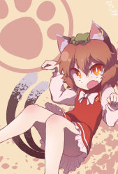 Rule 34 | 1girl, animal ears, animal hands, bow, brown hair, cat ears, cat paws, cat tail, chen, clenched hands, ear piercing, fang, hat, itsuki (kisaragi), long sleeves, multiple tails, nekomata, open mouth, orange eyes, paw pose, paw print, piercing, sash, short hair, solo, tail, touhou, two tails
