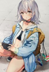 Rule 34 | 1girl, :o, backpack, bag, black choker, black footwear, black shirt, blue jacket, blush, brown eyes, brown shorts, cellphone, choker, collarbone, commentary request, crop top, drawstring, flat chest, hair between eyes, highres, holding, holding phone, hood, hood down, hoodie, jacket, long hair, long sleeves, looking at viewer, midriff, mole, mole under eye, navel, open clothes, open hoodie, open jacket, original, parted lips, phone, red socks, shadow, shirt, shoes, short shorts, shorts, sidelocks, silver hair, socks, solo, squatting, tag, thighs, yutsumoe, zipper