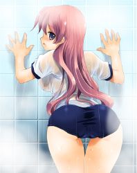 Rule 34 | 1girl, against wall, ass, bent over, blue eyes, blush, breasts, buruma, female focus, from behind, gym uniform, highres, large breasts, long hair, looking back, open mouth, pink eyes, pink hair, see-through, showering, solo, steam, thigh gap, thighs, very long hair, water, wet, wet clothes