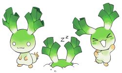 Rule 34 | &gt; &lt;, buried, closed eyes, closed mouth, commentary, english commentary, food-themed creature, full body, highres, multiple views, no humans, open mouth, original, orisghost, simple background, smile, spring onion, standing, white background, zzz