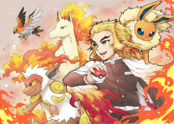 Rule 34 | 1girl, :d, absurdres, belt, belt buckle, bird, blonde hair, brown jacket, brown pants, buckle, cape, character request, commentary request, creatures (company), crossover, fire, flareon, game freak, gen 1 pokemon, gen 4 pokemon, gen 6 pokemon, gradient hair, highres, holding, holding poke ball, infernape, jacket, kimetsu no yaiba, long hair, long sleeves, monkey, mono land, multicolored hair, nintendo, open mouth, pants, poke ball, poke ball (basic), pokemon, pokemon (creature), power connection, rapidash, red eyes, red hair, rengoku kyoujurou, smile, talonflame, white belt, white cape