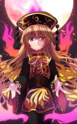 Rule 34 | 1girl, aura, blonde hair, blush, brown sash, chinese clothes, closed mouth, energy, eyes visible through hair, fox print, fox tail, full body, gold trim, hair between eyes, junko (touhou), long hair, long sleeves, looking at viewer, multiple tails, night, one-hour drawing challenge, oudondk, outstretched arms, phoenix crown, red background, simple background, sitting, smile, solo, standing, tabard, tail, tassel, touhou, wide sleeves, yellow eyes, yellow neckwear, ||/