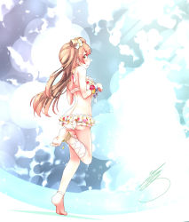 Rule 34 | 1girl, :o, ankle lace-up, anklet, ass, back, barefoot, bikini, bikini skirt, blush, bracelet, brown hair, cloud, cloudy sky, cross-laced footwear, from behind, full body, halterneck, highres, jewelry, long hair, looking back, love live!, love live! school idol festival, love live! school idol project, minami kotori, one side up, pitter, print bikini, signature, sky, solo, standing, standing on one leg, swimsuit, wrist flower, yellow eyes