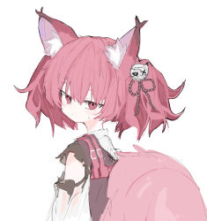 Rule 34 | animal ear fluff, animal ears, arknights, blush, closed mouth, fox ears, fox girl, fox tail, from side, hair between eyes, highres, looking at viewer, looking to the side, red eyes, red hair, sanma (tabet ), shamare (arknights), shirt, simple background, sweat, tail, torn clothes, torn shirt, twintails, white background, white shirt