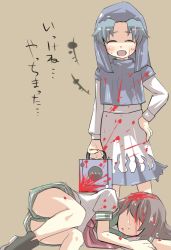 Rule 34 | 2girls, blood, blood on clothes, blood in hair, dying, closed eyes, female focus, game console, gamecube, gaoo (frpjx283), guro, hand on own hip, hip focus, hood, hoodie, injury, kumoi ichirin, lying, multiple girls, murasa minamitsu, no eyes, open mouth, smile, touhou
