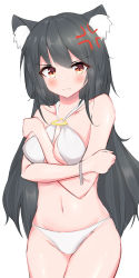 Rule 34 | 1girl, absurdres, anger vein, animal ear fluff, animal ears, arknights, bare arms, bare shoulders, bikini, black hair, blush, breasts, chinese commentary, commentary request, cowboy shot, criss-cross halter, fang, fang out, groin, halterneck, highres, long hair, looking at viewer, lutuan kino, medium breasts, navel, o-ring, o-ring bikini, orange eyes, simple background, solo, standing, stomach, swimsuit, texas (arknights), thighs, v-shaped eyebrows, very long hair, white background, white bikini, wolf ears