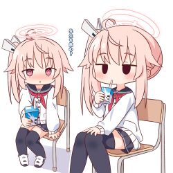 Rule 34 | 2girls, @ @, ahoge, black sailor collar, black skirt, black thighhighs, blue archive, blush, buttons, cardigan, chair, drinking, drinking straw, drinking straw in mouth, dual persona, halo, hana kazari, highres, long hair, long sleeves, multiple girls, natsu (blue archive), neckerchief, parted lips, pink hair, pink halo, pleated skirt, red eyes, red neckerchief, revision, sailor collar, school chair, shoes, side ponytail, simple background, sitting, skirt, thighhighs, translation request, white background, white cardigan, white footwear
