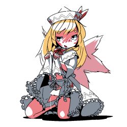Rule 34 | 1girl, alternate wings, blonde hair, bloomers, blush, clothes lift, cum, cumdrip, frilled skirt, frills, futanari, huxiao (mistlakefront), kneeling, lily white, open mouth, penis, shirt, skirt, skirt lift, solo, touhou, underwear, white background, white headwear, white shirt, white skirt, wings