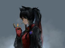 Rule 34 | animal ears, arknights, black hair, black jacket, boutonniere, cigarette, collared shirt, suit jacket, dress shirt, formal, from side, gloves, green necktie, grey background, highres, holding, holding lighter, jacket, lighter, long hair, lyrinne, mouth hold, multicolored hair, necktie, official alternate costume, ponytail, profile, red gloves, red hair, red shirt, shirt, simple background, smoking, streaked hair, texas (arknights), texas (willpower) (arknights), upper body, wolf ears, wolf girl, yellow eyes