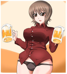 Rule 34 | 1girl, absurdres, alcohol, beer, beer mug, black panties, breasts, brown eyes, brown hair, closed mouth, commentary, cup, dress shirt, girls und panzer, highres, holding, holding cup, large breasts, long sleeves, looking at viewer, mug, nandemo kanden, nishizumi maho, no pants, orange background, panties, red shirt, shirt, short hair, smile, solo, standing, thigh gap, underwear, wing collar