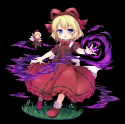 Rule 34 | baku-p, black shirt, blonde hair, blue eyes, fairy, fairy wings, magic, medicine melancholy, mini person, minigirl, open mouth, outstretched arms, red skirt, ribbon, shirt, shoes, short hair, skirt, smile, solo, su-san, touhou, wings