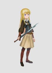 Rule 34 | 1girl, armor, blonde hair, blue eyes, breastplate, commentary request, grey background, highres, holding, holding sword, holding weapon, leather belt, leg armor, long hair, looking at viewer, original, simple background, skirt, smile, solo, standing, strap, sword, wasabi60, weapon, yellow skirt