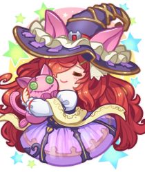 Rule 34 | 1girl, = =, animal ear headwear, animal ears, anna (granblue fantasy), blush, button eyes, buttons, chibi, closed eyes, closed mouth, cropped torso, fake animal ears, granblue fantasy, hair ornament, hair over one eye, hairclip, hat, highres, hugging doll, hugging object, long hair, long sleeves, purple hat, purple shirt, red hair, shawl, shirt, smile, solo, star (symbol), stuffed animal, stuffed cat, stuffed toy, upper body, white shirt, witch hat, yuiko (yuiyuiko 108)