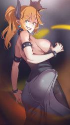 Rule 34 | absurdres, ass, at2., bare shoulders, black pantyhose, blonde hair, blue eyes, bowsette, breasts, crown, curvy, dress, from side, grin, highres, hip focus, horns, huge filesize, large breasts, mario (series), new super mario bros. u deluxe, nintendo, pantyhose, pointy ears, ponytail, sharp teeth, sideboob, sleeveless, sleeveless dress, smile, solo, standing, super crown, teeth, v-shaped eyebrows, wide hips