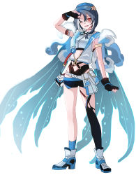 Rule 34 | 1girl, :d, absurdres, asymmetrical legwear, black gloves, black hair, black legwear, black shorts, blue cape, blue headwear, blue legwear, cape, fingerless gloves, fu hua, fu hua (herrscher of sentience), gloves, goggles, goggles around neck, hair between eyes, highres, hm mono, honkai (series), honkai impact 3rd, long hair, looking at viewer, mismatched legwear, one eye closed, open mouth, red eyes, shirt, shorts, simple background, sleeveless, sleeveless shirt, smile, solo, standing, summer uniform, white background, white footwear