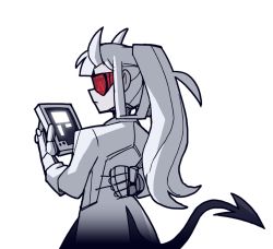 Rule 34 | 1girl, arm behind back, bags under eyes, closed mouth, coat, cowboy shot, demon girl, demon tail, female focus, formal, from behind, goggles, hair rings, hand up, helltaker, holding, holding tablet pc, horns, lab coat, long hair, long sleeves, looking down, loremaster (helltaker), mechanical arms, official art, open clothes, open coat, ponytail, prosthesis, red-tinted eyewear, red-tinted glasses, rimless eyewear, sidelocks, simple background, sleeves rolled up, solo, standing, suit, sunglasses, tablet pc, tail, tinted eyewear, transparent background, vanripper, visor, white coat, white hair