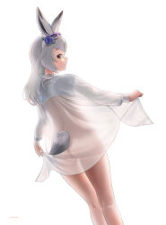 Rule 34 | 1girl, animal ears, ass, back, backlighting, beleven, bottomless, bow, closed mouth, clothing cutout, dutch angle, feet out of frame, flower, from behind, grey hair, hair flower, hair ornament, hairband, highres, kemono friends, kneepits, long sleeves, looking at viewer, looking back, naked shirt, open clothes, open shirt, paid reward available, purple flower, rabbit ears, rabbit girl, rabbit tail, see-through, see-through shirt, see-through silhouette, shirt, sideways glance, smile, snowshoe hare (kemono friends), solo, standing, tail, tail through clothes, yellow eyes