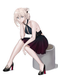 Rule 34 | 1girl, absurdres, an-94 (girls&#039; frontline), an-94 (silent rouge) (girls&#039; frontline), bare shoulders, belt, black dress, black footwear, blonde hair, blue eyes, breasts, closed mouth, dress, gcg, girls&#039; frontline, hair ornament, hairclip, halterneck, hand on headset, high heels, highres, legs, long hair, looking at viewer, official alternate costume, sitting, small breasts, solo, white background