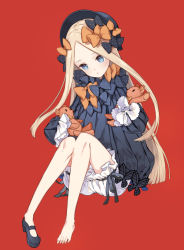 Rule 34 | 1girl, abigail williams (fate), bad id, bad pixiv id, barefoot, black bow, black dress, black footwear, black hat, blonde hair, bloomers, blue eyes, blush, bow, bug, butterfly, commentary request, dress, fate/grand order, fate (series), hair bow, hat, head tilt, holding, holding stuffed toy, insect, laurelfalcon, long hair, long sleeves, mary janes, orange bow, parted bangs, parted lips, polka dot, polka dot bow, red background, revision, shoes, simple background, single shoe, sitting, sleeves past fingers, sleeves past wrists, solo, stuffed animal, stuffed toy, teddy bear, toenails, underwear, very long hair, white bloomers