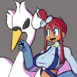 Rule 34 | 1girl, :d, beak, bird, blouse, blue eyes, blue gloves, blue shirt, breasts, closed eyes, creatures (company), crop top, dark skin, elbow gloves, fupoo, game freak, gen 5 pokemon, gloves, grey background, gym leader, hair bun, hair ornament, hand on own hip, hand up, large breasts, long hair, long neck, long sleeves, looking at another, nintendo, open mouth, pokemon, pokemon (creature), pokemon bw, red hair, shirt, sidelocks, simple background, single hair bun, skyla (pokemon), smile, stroking another&#039;s chin, swan, swanna, swept bangs, taut clothes, taut shirt, turtleneck, twitter username, upper body, white bird