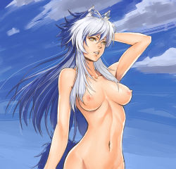 Rule 34 | 1girl, ahoge, animal ears, arm behind head, arm up, blue hair, breasts, breasts apart, capcom, cloud, cowboy shot, day, dog ears, dyed bangs, gallon (vampire), gender request, genderswap, grin, groin, hair between eyes, hip focus, large breasts, long hair, looking to the side, multicolored hair, navel, nipples, nude, ogami, out-of-frame censoring, outdoors, personification, public indecency, sidelocks, sky, smile, solo, tail, two-tone hair, vampire (game), very long hair, white hair, wide hips, wolf ears, wolf tail, yellow eyes