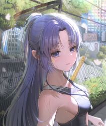 Rule 34 | 1girl, bare arms, bare shoulders, black one-piece swimsuit, blue archive, blush, breasts, closed mouth, day, facial mark, highres, long hair, medium breasts, one-piece swimsuit, outdoors, purple eyes, purple hair, solo, star (symbol), swimsuit, wet, yuuka (blue archive), yuxing yuhang