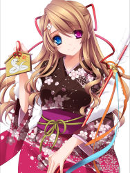 Rule 34 | 1girl, arrow (projectile), bell, brown hair, ema, floral print, hair ornament, hair ribbon, hairclip, hamaya, heterochromia, highres, japanese clothes, jingle bell, kimono, light brown hair, long hair, long sleeves, looking at viewer, monety, new year, obi, original, ribbon, sash, simple background, smile, snake, solo, stick, upper body, white background, wide sleeves