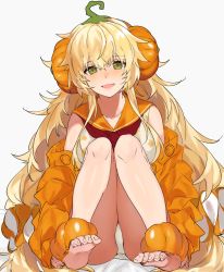 Rule 34 | 1girl, aogisa, bad id, bad pixiv id, barefoot, blonde hair, blush, dress, food-themed hair ornament, girls&#039; frontline, green eyes, hair ornament, highres, jacket, long hair, looking at viewer, no shoes, official alternate costume, open mouth, orange jacket, panties, pantyshot, pumpkin costume, pumpkin hair ornament, s.a.t.8 (girls&#039; frontline), s.a.t.8 (pumpkin skewers) (girls&#039; frontline), sitting, soles, solo, underwear, white background, white panties