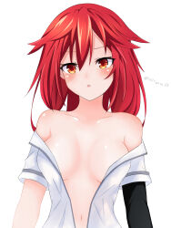 Rule 34 | 1girl, alternate hairstyle, bare shoulders, blush, breasts, clothes pull, embarrassed, hair down, highres, long hair, looking at viewer, medium breasts, midriff, navel, neptune (series), nitoya, no bra, off shoulder, open clothes, open mouth, open shirt, orange eyes, red hair, shin jigen game neptune vii, shirt, shirt pull, short sleeves, solo, staring, tennouboshi uzume, upper body, white shirt