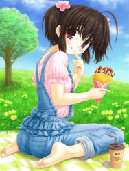 Rule 34 | 1girl, :p, ahoge, aoi akua, barefoot, blush, brown hair, coffee, crepe, day, denim, drinking straw, feet, food, frills, grass, hair ornament, hairclip, looking back, outdoors, overalls, purple eyes, short hair, short sleeves, sitting, sky, smile, soles, solo, to heart (series), to heart 2, toes, tongue, tongue out, tree, twintails, yuzuhara konomi