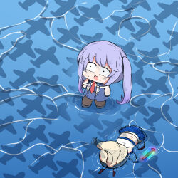 Rule 34 | 2girls, afloat, aircraft, airplane, ayanami (azur lane), azur lane, blonde hair, constricted pupils, dirty, essex (azur lane), from above, gaming penis ikebana (meme), highres, lying on water, marin liekuriva, multiple girls, necktie, ocean, purple hair, shadow, skirt, standing, standing on liquid, too many, twintails, unconscious, water, waves, wide-eyed