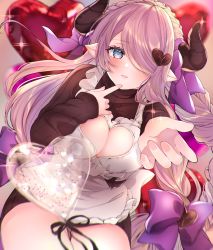 Rule 34 | 1girl, absurdres, apron, artist request, blue eyes, blush, braid, breasts, cleavage, demon horns, draph, granblue fantasy, hair ornament, hair over one eye, hairclip, heart, highres, horns, huge filesize, large breasts, light purple hair, long hair, long sleeves, looking at viewer, low tied hair, narmaya (granblue fantasy), narmaya (valentine) (granblue fantasy), pointy ears, ribbed sweater, ribbon, single braid, solo, sweater, valentine