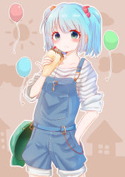 Rule 34 | 1girl, :t, absurdres, alternate costume, arm up, balloon, belt, blue eyes, blue hair, blush, collarbone, commentary request, cowboy shot, crepe, crumbs, denim, denim shorts, eating, flat cap, food, grey shirt, hair bobbles, hair ornament, hand in pocket, hat, highres, holding, holding food, house, kawashiro nitori, key, long sleeves, looking at viewer, myan (myan3891), outline, overalls, pinky out, shirt, short hair, shorts, sleeves pushed up, solo, standing, striped clothes, striped shirt, sun symbol, tan background, touhou, two side up, unworn headwear