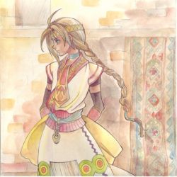 Rule 34 | 1boy, ahoge, arms behind back, bishounen, braid, brown hair, choker, come-sta, dress, elbow gloves, frown, gloves, green eyes, headband, long hair, lowres, male focus, rug, shane carradine, solo, wall, wild arms, wild arms 3