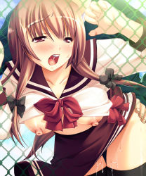 Rule 34 | 1girl, against fence, blush, breasts, brown hair, chain-link fence, clothed sex, clothes lift, fence, from behind, game cg, hanyuu ayuka, highres, kunai uri, large breasts, nakadashi oyako, nipples, open mouth, pussy juice, red eyes, ribbon, school uniform, serafuku, sex, shirt lift, skirt, solo focus, sweat, thighhighs