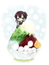 Rule 34 | 10s, 1girl, brown hair, chibi, food, food focus, ice, ice cream, japanese clothes, kaga (kancolle), kantai collection, long hair, muneate, personification, shaved ice, side ponytail, skirt, smile, solo, taneda yuuta