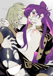Rule 34 | 1boy, 1girl, alternate hair color, blush, breasts, byleth (fire emblem), byleth (male) (fire emblem), censored, embarrassed, enlightened byleth (male), fire emblem, fire emblem: three houses, fire emblem warriors: three hopes, garreg mach monastery uniform, green eyes, green hair, hair bun, hair over one eye, hetero, highres, large breasts, long hair, long sleeves, negiwo, nervous, nintendo, nipples, open mouth, pantyhose, penis, pussy, sex, shez (female) (fire emblem), shez (fire emblem), short hair, skirt, spread legs, sweat, torn clothes, vaginal