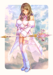 Rule 34 | warrior of light (ff14), blue eyes, boots, breasts, brown hair, commission, commissioner upload, final fantasy, final fantasy xiv, highres, kodue55, large breasts, ribbon, staff, thighhighs, wavy hair