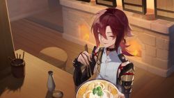 Rule 34 | 1boy, :p, absurdres, chair, chinese clothes, chopsticks, closed mouth, food, gauntlets, genshin impact, green eyes, highres, holding, holding chopsticks, indoors, long hair, looking at viewer, noodles, one eye closed, purple hair, ramen, restaurant, shikanoin heizou, sitting, solo, table, tongue, tongue out, vuvkhkgi