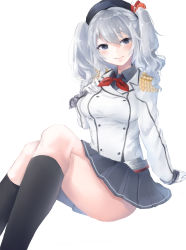 Rule 34 | 10s, 1girl, bad id, bad pixiv id, epaulettes, gloves, grey eyes, hand on own chest, hat, highres, kantai collection, kashima (kancolle), crossed legs, long hair, long sleeves, looking at viewer, military, military uniform, pleated skirt, shiromoru (yozakura rety), shirt, silver hair, sitting, skirt, smile, solo, twintails, uniform, white gloves